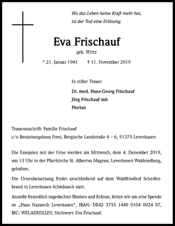 Anzeige von Eva Frischauf von Kölner Stadt-Anzeiger / Kölnische Rundschau / Express