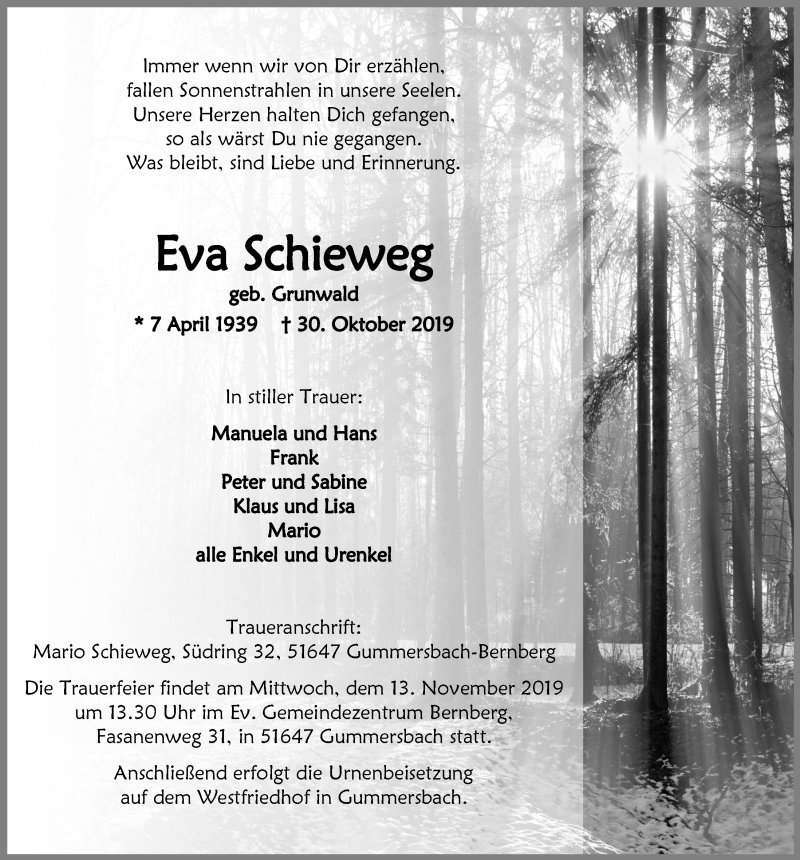  Traueranzeige für Eva Schieweg vom 06.11.2019 aus  Anzeigen Echo 