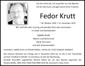 Anzeige von Fedor Krutt von Kölner Stadt-Anzeiger / Kölnische Rundschau / Express