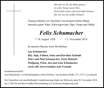 Anzeige von Felix Schumacher von Kölner Stadt-Anzeiger / Kölnische Rundschau / Express