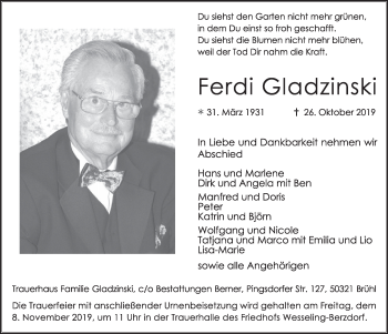 Anzeige von Ferdi Gladzinski von  Schlossbote/Werbekurier 