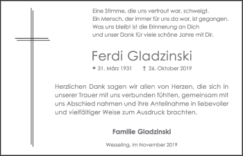 Anzeige von Ferdi Gladzinski von  Schlossbote/Werbekurier 