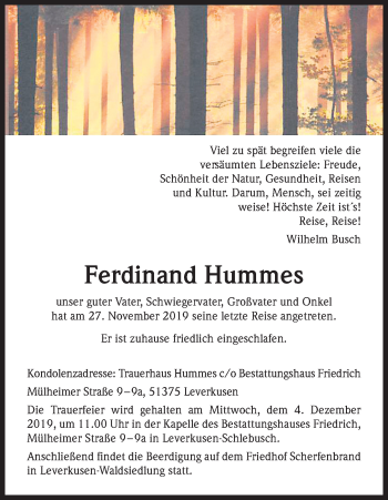 Anzeige von Ferdinand Hummes von Kölner Stadt-Anzeiger / Kölnische Rundschau / Express