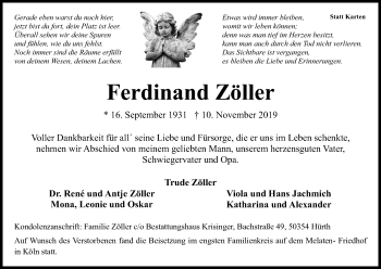 Anzeige von Ferdinand Zöller von Kölner Stadt-Anzeiger / Kölnische Rundschau / Express