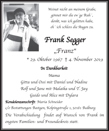 Anzeige von Frank Segger von  Werbepost 