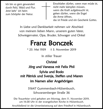 Anzeige von Franz Bonczek von Kölner Stadt-Anzeiger / Kölnische Rundschau / Express