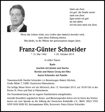 Anzeige von Franz-Günter Schneider von Kölner Stadt-Anzeiger / Kölnische Rundschau / Express