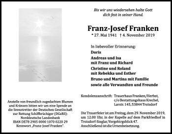 Anzeige von Franz-Josef Franken von Kölner Stadt-Anzeiger / Kölnische Rundschau / Express