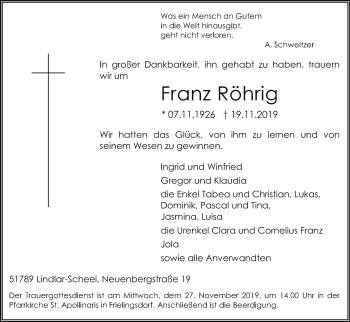 Anzeige von Franz Röhrig von Kölner Stadt-Anzeiger / Kölnische Rundschau / Express