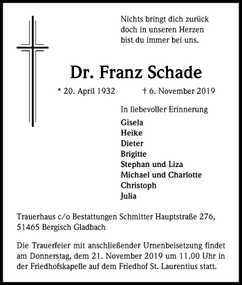 Anzeige von Franz Schade von Kölner Stadt-Anzeiger / Kölnische Rundschau / Express