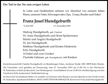 Anzeige von Franz Josef Hundgeburth von Kölner Stadt-Anzeiger / Kölnische Rundschau / Express