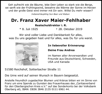 Anzeige von Franz Xaver Maier-Fehlhaber von Kölner Stadt-Anzeiger / Kölnische Rundschau / Express