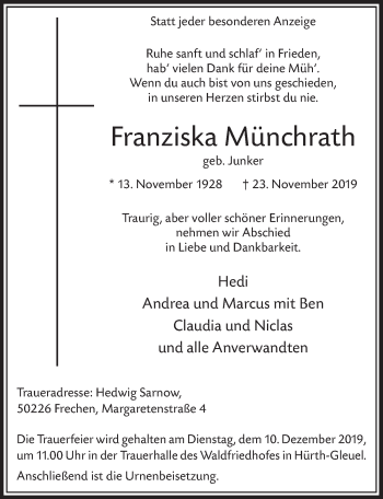 Anzeige von Franziska Münchrath von  Sonntags-Post 