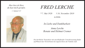Anzeige von Fred Lerche von Kölner Stadt-Anzeiger / Kölnische Rundschau / Express