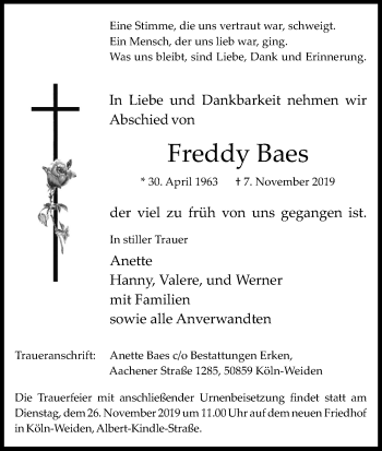 Anzeige von Freddy Baes von Kölner Stadt-Anzeiger / Kölnische Rundschau / Express
