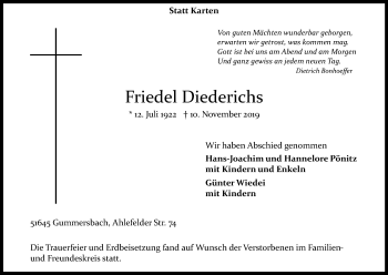 Anzeige von Friedel Diederichs von Kölner Stadt-Anzeiger / Kölnische Rundschau / Express