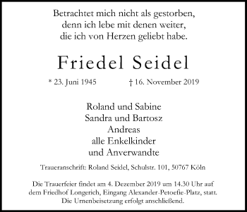 Anzeige von Friedel Seidel von Kölner Stadt-Anzeiger / Kölnische Rundschau / Express