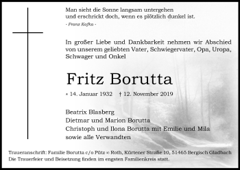 Anzeige von Fritz Borutta von Kölner Stadt-Anzeiger / Kölnische Rundschau / Express