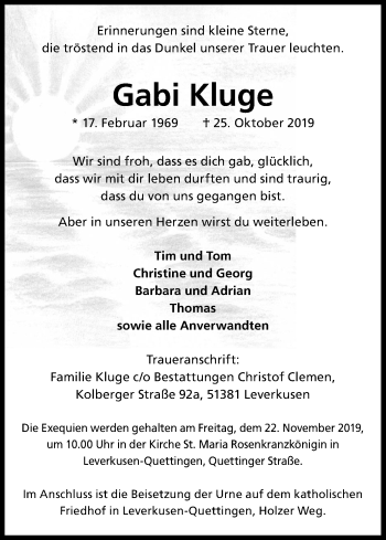 Anzeige von Gabi Kluge von Kölner Stadt-Anzeiger / Kölnische Rundschau / Express
