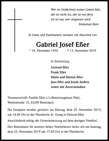 Anzeige von Gabriel Josef Eßer von Kölner Stadt-Anzeiger / Kölnische Rundschau / Express