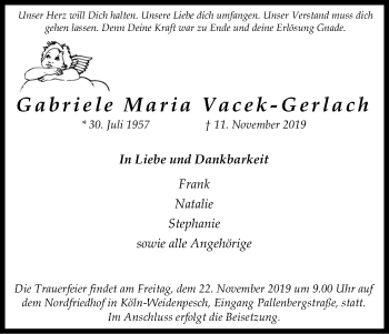 Anzeige von Gabriele Maria Vacek-Gerlach von Kölner Stadt-Anzeiger / Kölnische Rundschau / Express