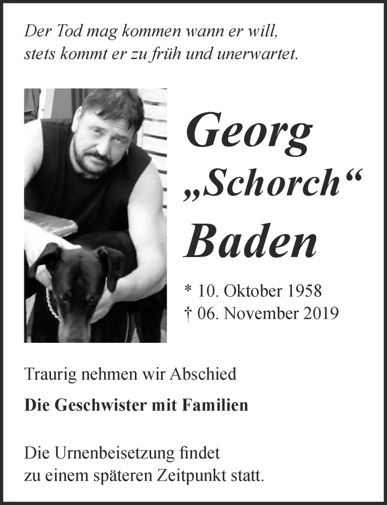  Traueranzeige für Georg Baden vom 09.11.2019 aus  Blickpunkt Euskirchen 