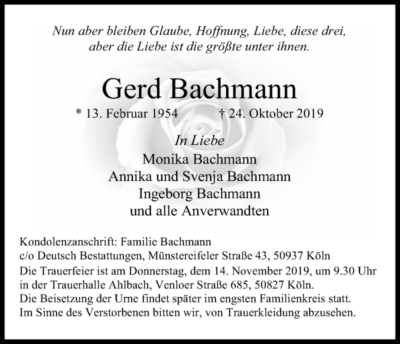  Traueranzeige für Gerd Bachmann vom 09.11.2019 aus Kölner Stadt-Anzeiger / Kölnische Rundschau / Express