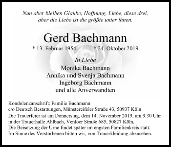 Anzeige von Gerd Bachmann von Kölner Stadt-Anzeiger / Kölnische Rundschau / Express