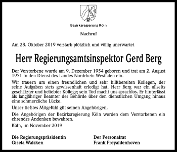 Anzeige von Gerd Berg von Kölner Stadt-Anzeiger / Kölnische Rundschau / Express