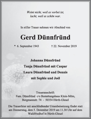 Anzeige von Gerd Dünnfründ von  Sonntags-Post 