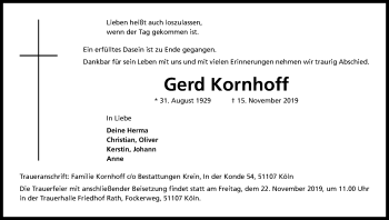 Anzeige von Gerd Kornhoff von Kölner Stadt-Anzeiger / Kölnische Rundschau / Express