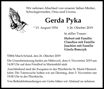 Anzeige von Gerda Pyka von Kölner Stadt-Anzeiger / Kölnische Rundschau / Express
