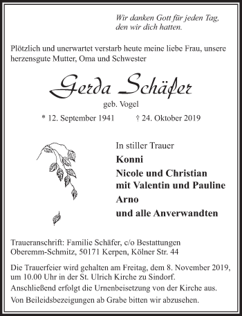 Anzeige von Gerda Schäfer von  Sonntags-Post 