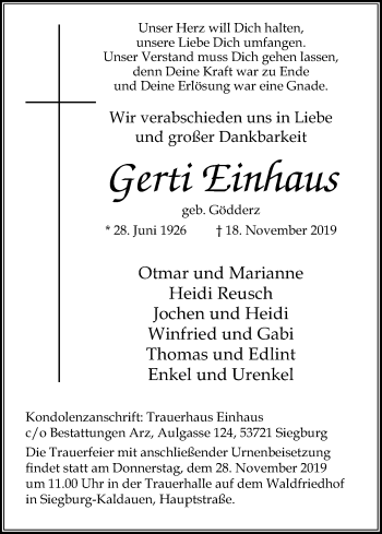 Anzeige von Gerti Einhaus von Kölner Stadt-Anzeiger / Kölnische Rundschau / Express