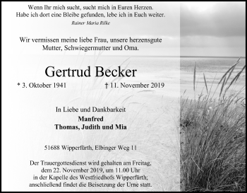 Anzeige von Gertrud Becker von Kölner Stadt-Anzeiger / Kölnische Rundschau / Express