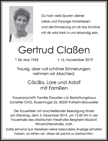 Anzeige von Gertrud Claßen von  Sonntags-Post 