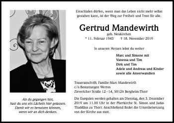 Anzeige von Gertrud Mandewirth von Kölner Stadt-Anzeiger / Kölnische Rundschau / Express