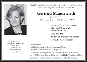 Anzeige von Gertrud Mandewirth von  Sonntags-Post 