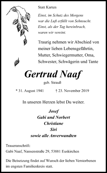 Anzeige von Gertrud Naaf von Kölner Stadt-Anzeiger / Kölnische Rundschau / Express