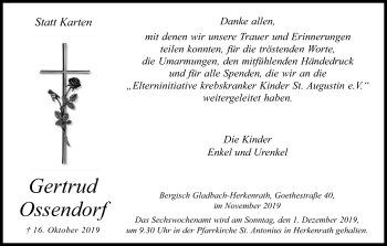 Anzeige von Gertrud Ossendorf von Kölner Stadt-Anzeiger / Kölnische Rundschau / Express