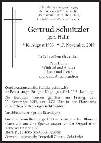Anzeige von Gertrud Schnitzler von  Werbepost 