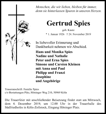 Anzeige von Gertrud Spies von Kölner Stadt-Anzeiger / Kölnische Rundschau / Express