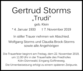 Anzeige von Gertrud Storms von Kölner Stadt-Anzeiger / Kölnische Rundschau / Express