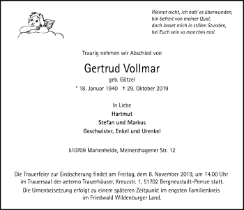 Anzeige von Gertrud Vollmar von  Anzeigen Echo 