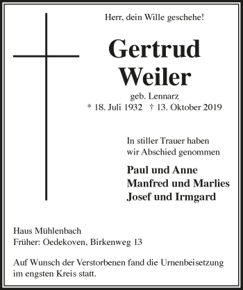 Anzeige von Gertrud Weiler von  Schaufenster/Blickpunkt 