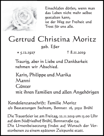 Anzeige von Gertrud Christina Moritz von  Wochenende  Schlossbote/Werbekurier 