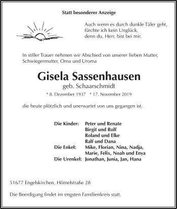 Anzeige von Gisela Sassenhausen von  Anzeigen Echo 