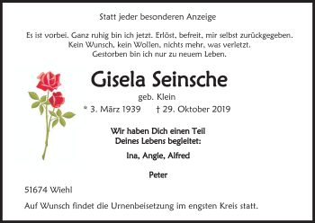 Anzeige von Gisela Seinsche von Kölner Stadt-Anzeiger / Kölnische Rundschau / Express