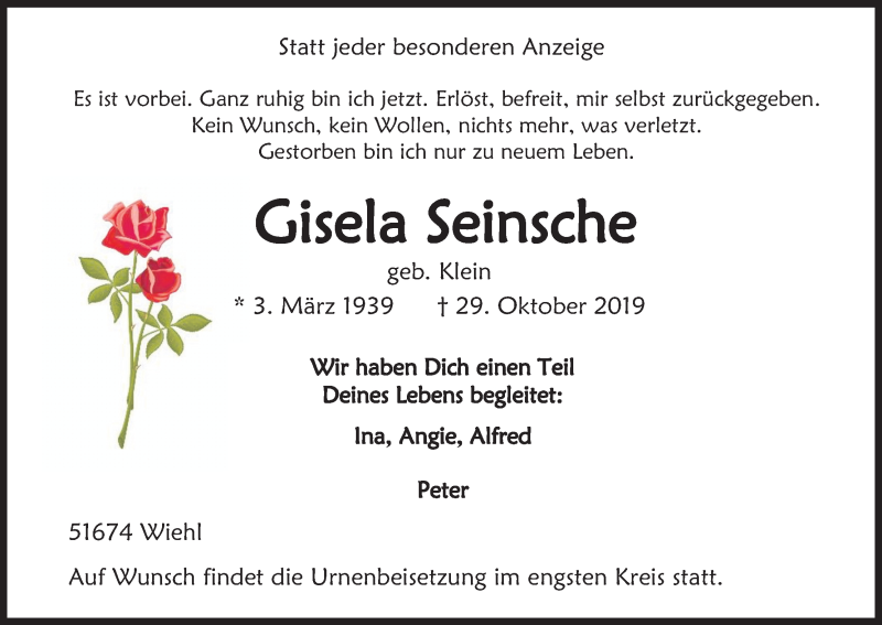 Traueranzeige für Gisela Seinsche vom 02.11.2019 aus Kölner Stadt-Anzeiger / Kölnische Rundschau / Express