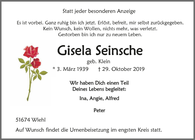  Traueranzeige für Gisela Seinsche vom 06.11.2019 aus  Anzeigen Echo 